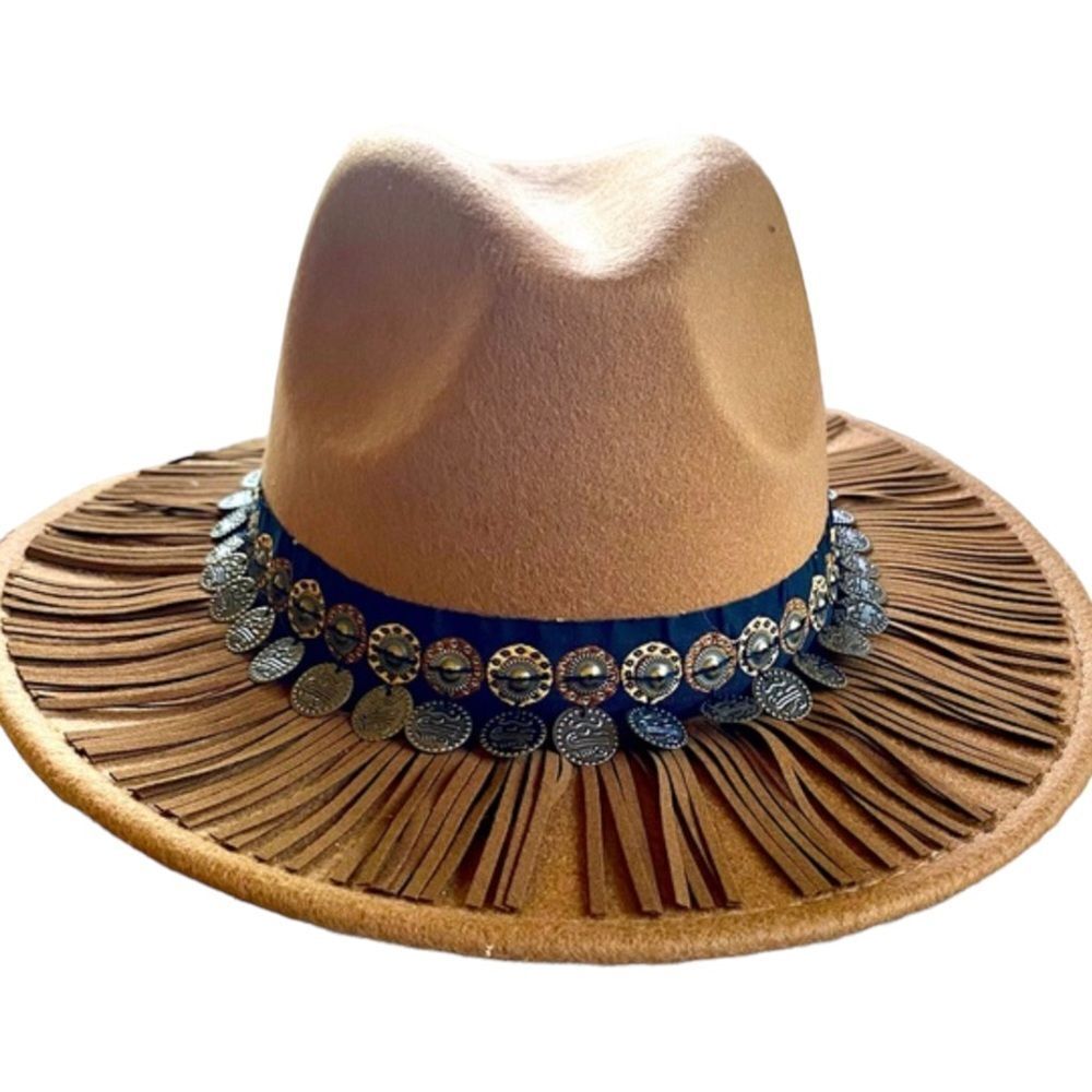 Boho Brown Wide Brim Leather Tassel Coin Band Western Fedora Hat NEW